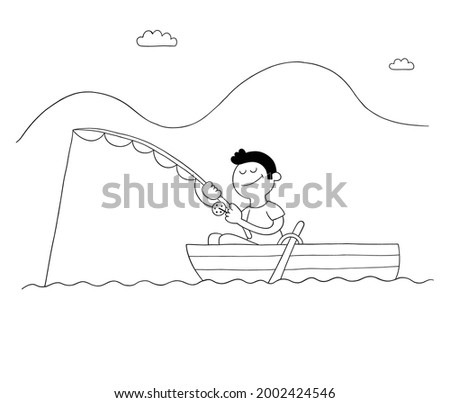 Cartoon man fishing with hook in boat, lake or sea, vector illustration. Black outlined and white colored.