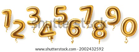 Golden number balloons. Realistic metal air party decor. Anniversary celebration numeral shapes from zero to nine. 3D festive events greeting inflatable metallic figures, vector set