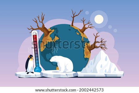 Global warming vector illustration. Penguin and polar bear on ice floe flat illustration, sea level rise, nature damage. Royalty-Free Stock Photo #2002442573