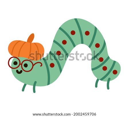 Vector hand drawn flat crawling green caterpillar in pumpkin hat and glasses. Funny woodland insect icon. Cute book worm illustration. Autumn or Thanksgiving Day bug