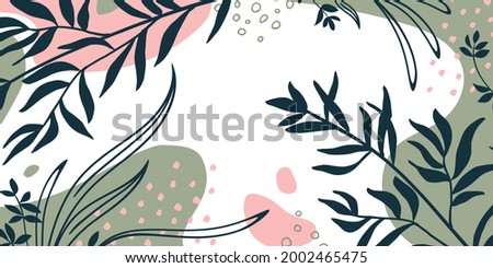 Botanical banner with organic shapes, leaves, plants. Abstract natural elements in trendy doodle style for holiday. Modern vector background, greeting card, template, invitation. Simple design.