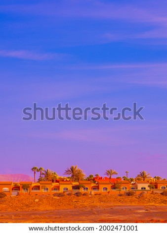 Tropical location. Palm and orange little house. Canary island. Stylish Travel vacation wallpaper
