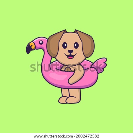 Cute dog With flamingo buoy. Animal cartoon concept isolated. Can used for t-shirt, greeting card, invitation card or mascot.