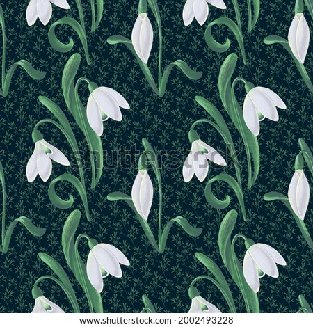 Seamless hand-drawn pattern with snowdrops in white and green on a dark green background. Textured trendy ornament with white flowers on a dark backdrop with branches and leaves.