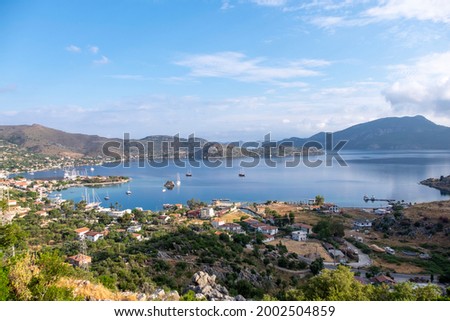 Selimiye village is world famous. It is a beautiful holiday center where large and small yachts and boats dock. A distant view of Selimiye. Muğla, Turkey. Royalty-Free Stock Photo #2002504859