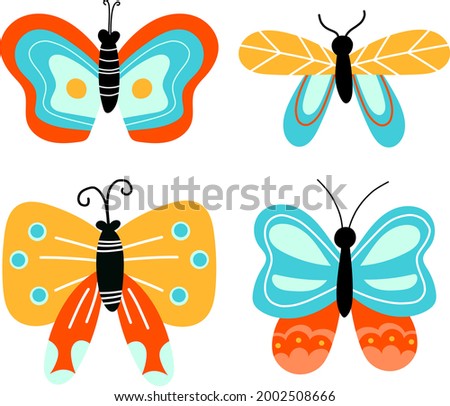 Cute summer cartoon butterflies and moths set vector illustration. Spring bright colors for decoration. 
