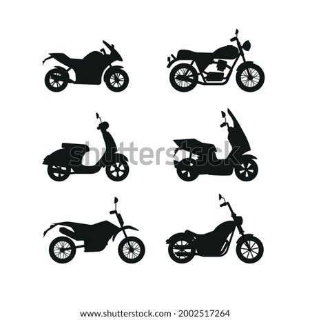 Set of black silhouettes of different models modern motorcycles and scooters. Transportation vehicle for sport, travel or delivery. Vector illustrations isolated on white