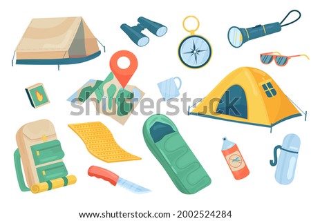 Travel accessory cute elements isolated set. Collection of camping tents, binoculars, compass, flashlight, map, tourist rug, matches, backpack, equipment. Vector illustration in flat cartoon design
