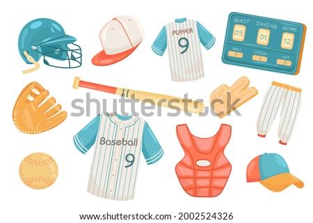 Baseball accessories cute elements isolated set. Collection of equipment and clothes for playing baseball. Helmet, bat, uniform, glove, ball, cap and other. Vector illustration in flat cartoon design