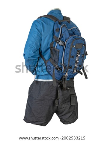 blue backpack,black shorts,blue summer windbreaker jacket isolated on white background. casual wear