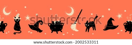 Fun hand drawn Halloween seamless pattern with cats, hats, bats and decoration - great for textiles, banners, wallpapers, wrapping - vector design Royalty-Free Stock Photo #2002533311