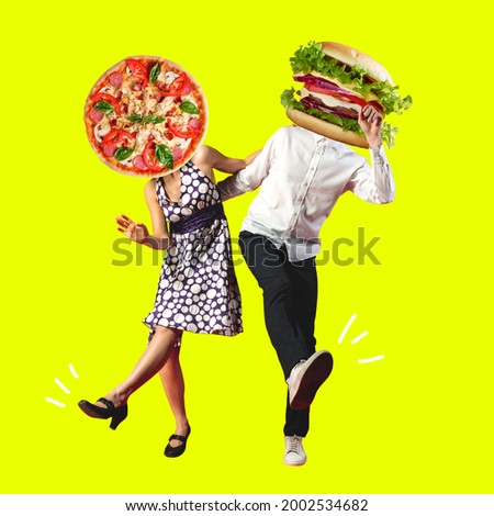 Party food time. Couple of dancers headed with pizza and burger insted heads on yellow background. Copy space for ad. Modern design. Contemporary bright artwork. Summertime, surrealism, fashionable.