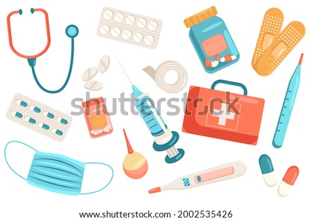 Medicine cute elements isolated set. Collection of stethoscope, first aid box, syringe, medical mask, cans of pills, plaster, thermometer and other tools. Vector illustration in flat cartoon design Royalty-Free Stock Photo #2002535426