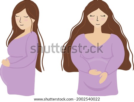 Isolated vector illustration pregnant woman with purple dress and brown hair in two poses, touching her belly.