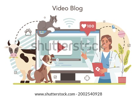 Pet veterinarian online service or platform. Veterinary doctor checking animal. Medical treatment and vaccination. Video blog. Vector flat illustration