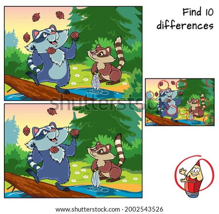 Funny raccoons. Find 10 differences. Educational game for children. Cartoon vector illustration Royalty-Free Stock Photo #2002543526