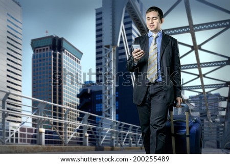 Man with baggage speaking by phone on the bridge