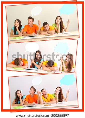 Collage of group young students with empty think bubbles