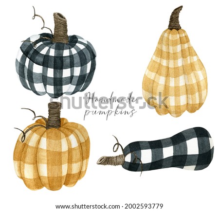 Watercolor checkered pumpkin clipart for thanksgiving, fall harvest decor elements
