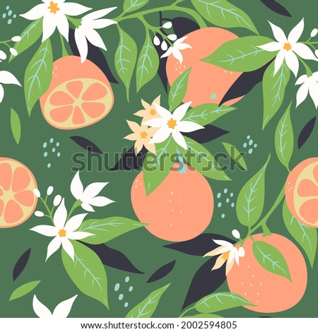 Seamless pattern with oranges and flowers. Vector graphics.