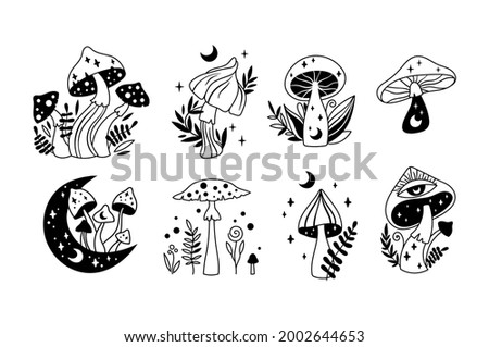 Mystical boho mushrooms isolated clipart set, magic line celestial mushroom, moon and stars, witchy esoteric objects, floral mystical - black and white vector illustration Royalty-Free Stock Photo #2002644653