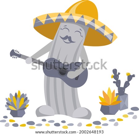 Stock vector illustration Funny cactus with a guitar in a sombrero