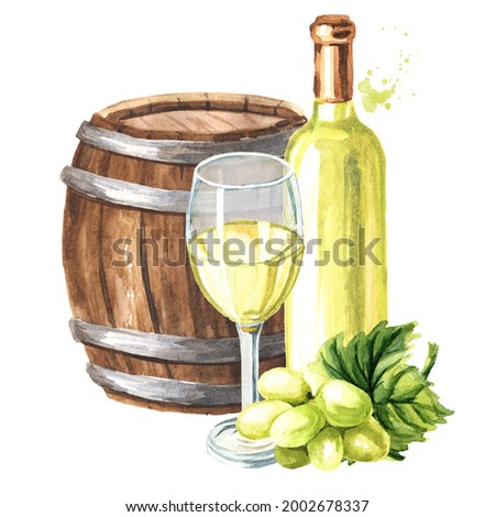 Bottle and glass of White wine with vine leaves and grape berries and Wooden barrel. Hand drawn watercolor illustration isolated on white background