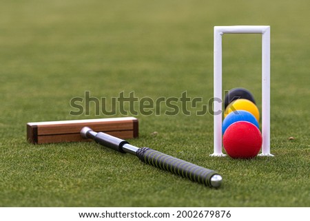 croquet mallet, wicket and colorful balls on a green lawn Royalty-Free Stock Photo #2002679876