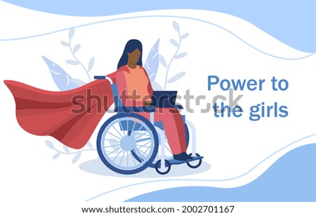 Concept of girl power. A woman in a wheelchair does not lose heart and strives for her goals. Willpower and strong character. Cartoon is a flat vector illustration isolated on a blue background Royalty-Free Stock Photo #2002701167