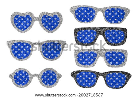 Glitter glasses in colors of American flag. Clip art patriotic set isolated