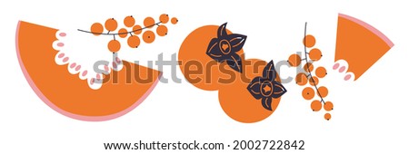 Flat vector icon of appetizing fruit salad. Abstract sliced melon, persimmon, currant. Colored breakfast poster with title it s breakfast time Good morning vector illustration. 