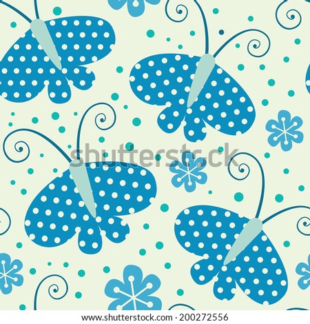 Vector seamless pattern with blue butterflies. Decorative background for print, web. Cute illustration
