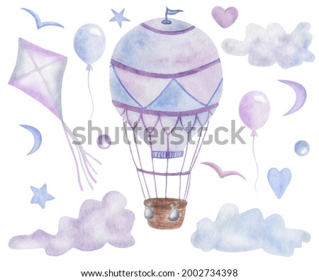 Watercolor hand painted colorful blue, purple air balloons, kites, birds, hearts, stars, clouds isolated on white. Clip art elements for children, birthday celebration, invitation postcards, design