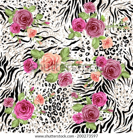 Seamless pattern with animal prints and decorative roses