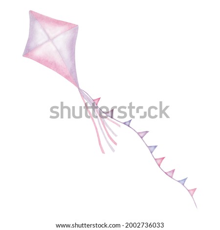 Watercolor hand painted colorful pink, and purple bright kite with flags isolated on white. Clip art element for children, wedding, party and birthday celebration, invitation postcards, design