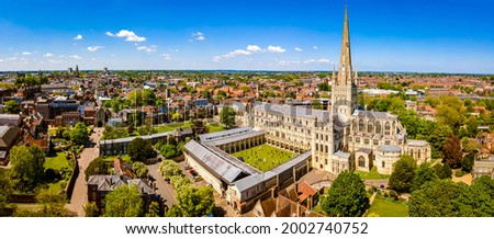 Aerial view of Norwich Cathedral located in Norwich, Norfolk, UK Royalty-Free Stock Photo #2002740752