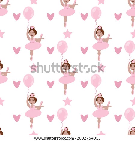 vector seamless pattern with the image of a little ballerina girl with a balloon, hearts and stars in pink tones
