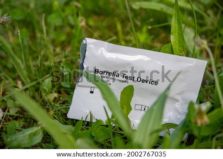 Open Packaging of a Borrelia Test kit in a green meadow. Concept picture for a tick bite