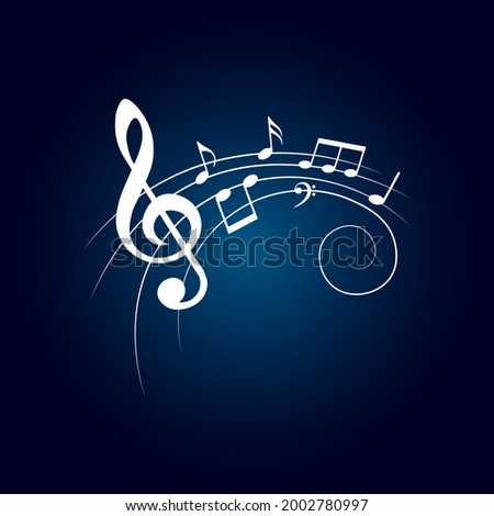 White music notes with swirl on dark background, musical vector illustration.