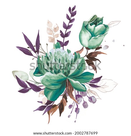 Watercolor Floral Illustration. Abstract Branch of Flowers Clip Art. Botanic Composition for Greeting Card or Invitation. Turquoise Rose.