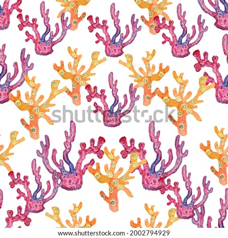 Corals pink and orange, hand watercolor, seamless pattern by the sea