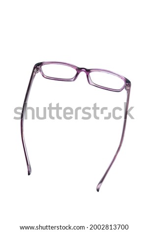 purple square eyeglass frame in side view isolated on white background
