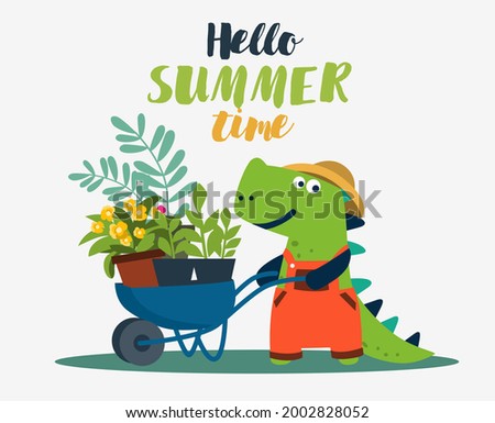 Cute dinosaur working in the garden. Funny tyrannosaur with wheelbarrow. Summer landscape background. Eco friendly ecology concept