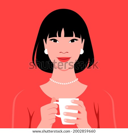 An Asian woman is holding a cup of tea or coffee in her hands. The pleasure of a hot drink. A cozy home and office. Vector flat illustration