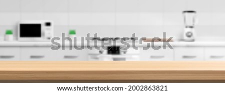 Wooden counter top on kitchen blur background with microwave oven, gas stove, blender and cutting board. Defocused backdrop, 3d design visualization with table countertop, Realistic vector rendering Royalty-Free Stock Photo #2002863821