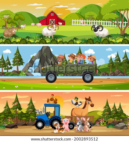 Different nature landscape at daytime scene with cartoon character illustration