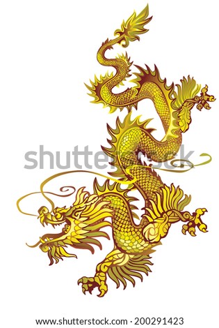 Descending gold oriental dragon on a white background