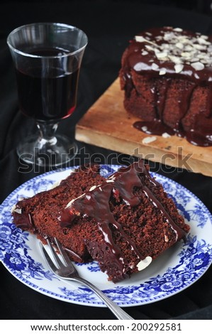 Chocolate cake with red wine, selective focus