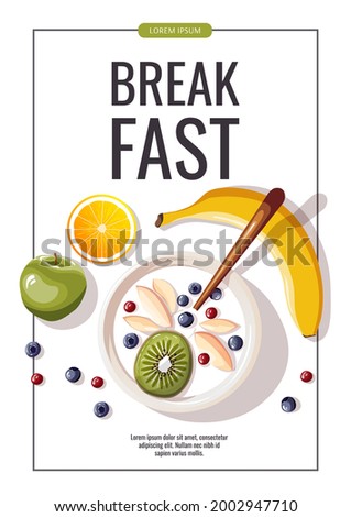 Promo flyer with Yogurt with fruits and berries, apple, orange, banana. Healthy eating, nutrition, diet, cooking, breakfast menu, fresh food concept. A4 vector illustration for banner, cover, poster.