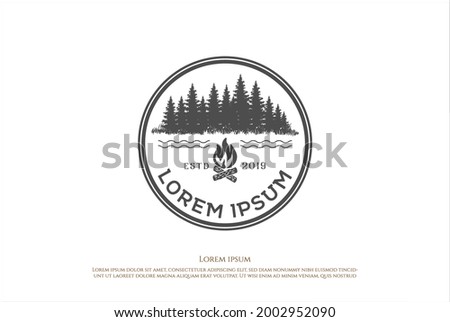 Pine Cedar Conifer Coniferous Evergreen Fir Larch Cypress Hemlock Tress Forest and River Lake Creek and Bonfire for Camp Outdoor Adventure Logo Design Vector